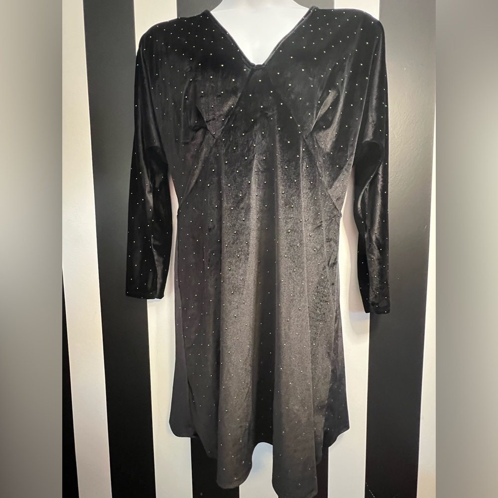 ASOS Black Velvet V-Neck Mini Dress with Gold Studded Accents; Sz 14 US